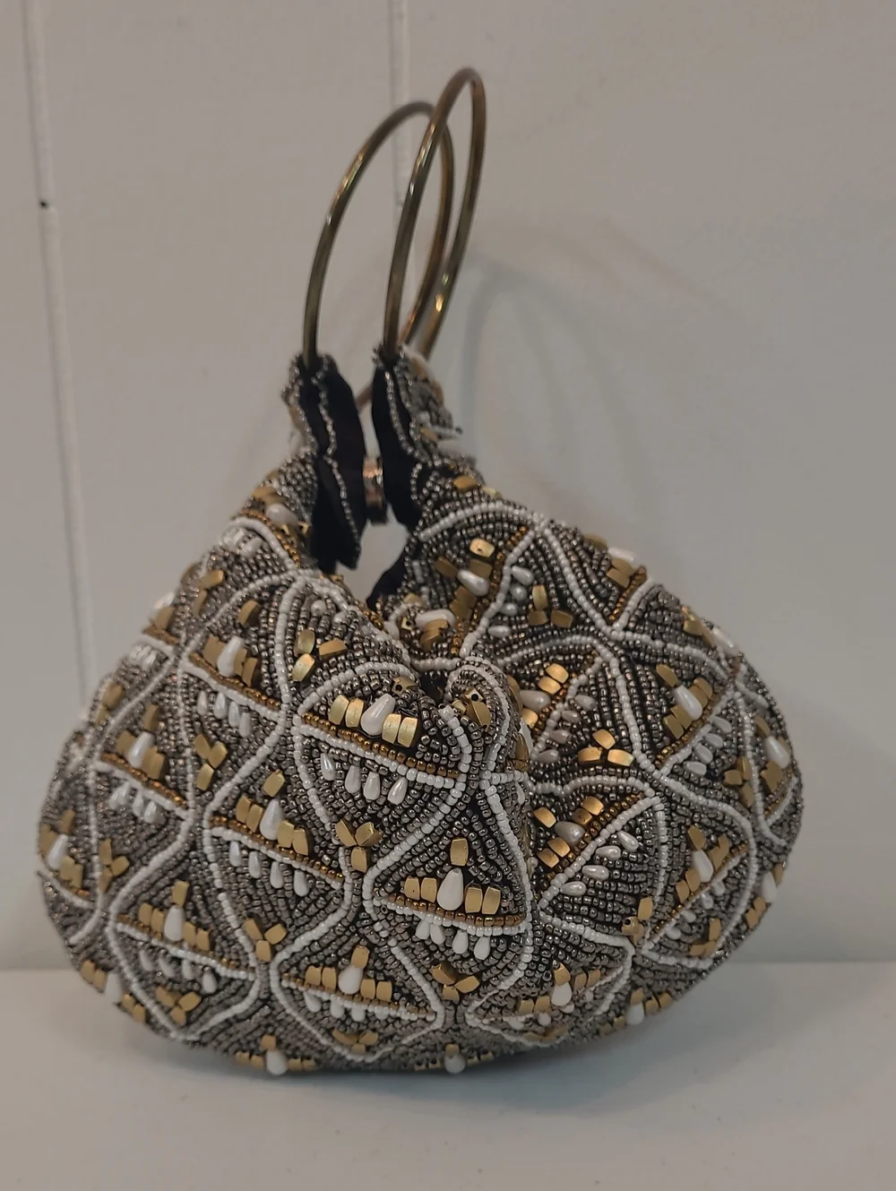 Versona Embellished Black and Gold Metallic & Pearls Evening Dressy Wristlet Bag